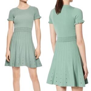 Sandro, Women’s ‘Etor’ Eyelet-Detail Pleated Knit Dress, Green Size 40 FR, 8 US